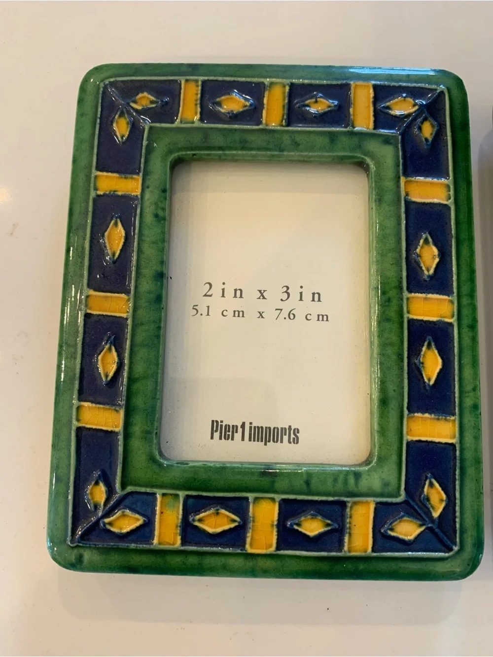 Pier 1 Ceramic Tile Frames 2” x 3” Set Of 2, Green, Blue Diamond Pattern flaw.